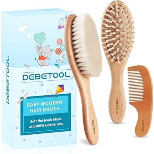 Baby Hair Brush and Comb Set for Newborns & Toddlers - Wooden Baby Brush Set with Soft Goat Bristle and Toddler Comb, Ideal for Cradle Cap