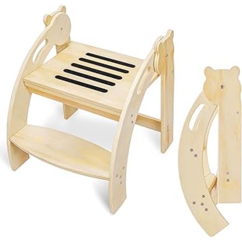 Foldable Step Stool for Toddlers, Kids Stool with 14.9-Inch Wide Step, Safety Handles, Anti-Slip Strips, Toddler Step Stool for Bathroom Sink, Toilet, Kitchen Wooden 2 Step Stool