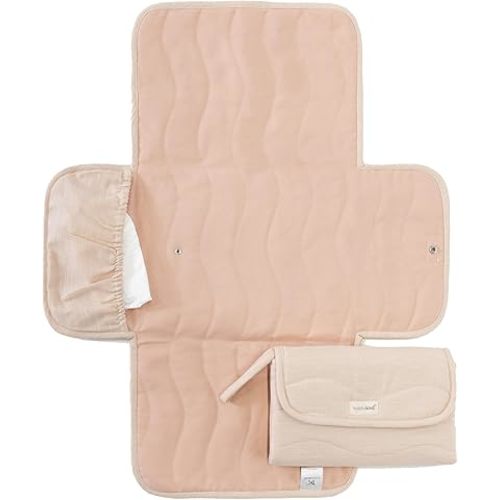 Toddlekind Portable Changing Pad – Organic Cotton & Water-Resistant Polyester – Travel-Friendly, Foldable Change Mat – Blush Stripes with Wave Stitching – Chic, Durable, Easy to Clean