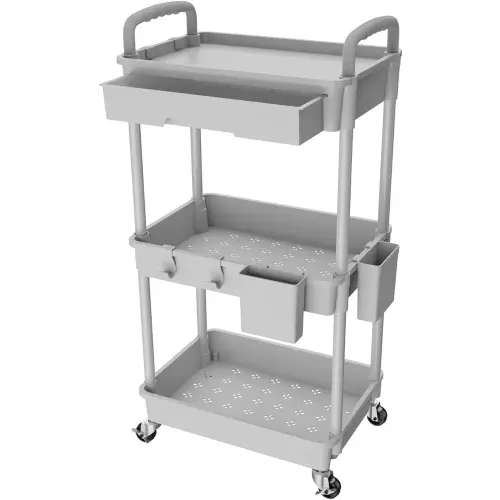 3 Tier Rolling Utility Cart with Drawer,REBECAT Utility Cart Made of Multifunctional Storage Organizer Tool for Kitchen,Bathroom,Living Room,Office(Gray)
