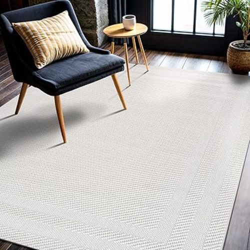 CAMILSON Micro Loop Rug 5x7 Modern Luxury Bordered Area Rugs Soft High and Low Pile Stain Resistant Easy-Cleaning Non-Shedding for Living Room Office Indoor Carpet (5 x 7 / White)