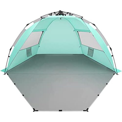 Oileus X-Large 4 Person Beach Tent Sun Shelter - Portable Sun Shade Instant Tent for Beach with Carrying Bag, Stakes, 6 Sand Pockets, Anti UV for Fishing Hiking Camping, Waterproof, Light Green
