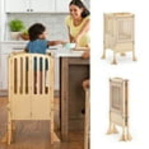 Guidecraft Contemporary Kitchen Helper Toddler Step Stool - Natural: Kids' Adjustable, Folding Learning Cooking Tower with Safety Mat