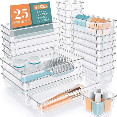 Amazon.com: WOWBOX 25 PCS Clear Plastic Drawer Organizer Set, 4 Sizes Desk Drawer Divider Organizers and Storage Bins for Makeup, Jewelry, Gadgets for Kitchen, Bedroom, Bathroom, Office : Office Products