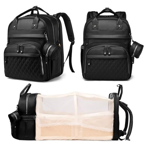 Baby Diaper Bag Backpack with Changing Station, Waterproof Large Capacity Diaper Bag for Moms and Dads, Plant-Based Leather with USB Charging Port, Baby Gift for New Parents, Black