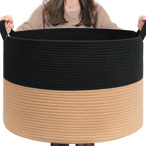 INDRESSME XXXLarge Cotton Rope Basket Woven for Baby Laundry, Toy with Handle Comforter Cushions Storage Bin Thread Hamper - 21.7" x 21.7" x 13.8"