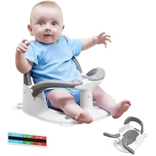 Baby Bath seat for Babies 6 Months & up, 360° Stable Toddler Bath Chair with one-Touch Button, Back Hollow Design, Water Temperature Card & 4 Suction Cups for Safety (Dark Gray)