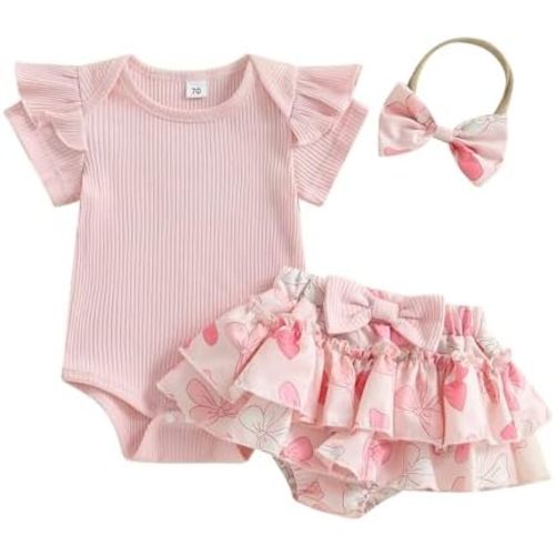 Engofs Baby Girl Clothes Newborn Summer Outfits Short Sleeve Romper Ruffle Bloomers Shorts with Headband