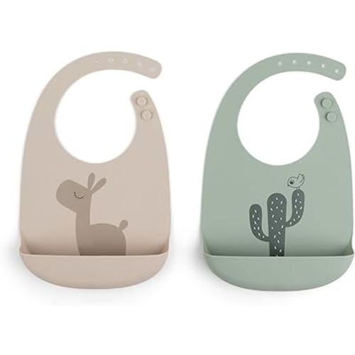 Silicone Bib 2-Pack Lalee Sand/Green - Waterproof, Adjustable Neck Strap, Large Pocket, Easy to Clean, Food Grade Silicone, Fun Deer and Cactus Design for Kids