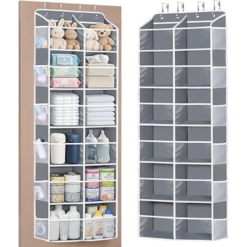 Univivi Over the Door Organizer, 6 Tiers Behind Door Storage with Clear Deep Pockets Hanging Organizer for Closet, Bedroom, Nursery, Bathroom and Sundries (Grey)