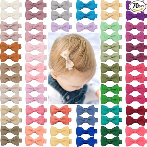 CLLOT Hair Clips, 70PCS Baby Girls Fully Lined Baby Bows Hair Pins Tiny 2' Hair Bows Alligator Clips for Infants Toddlers in Pairs