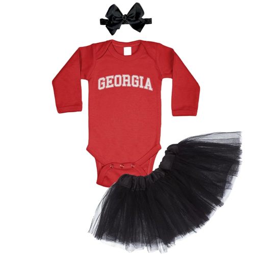 Georgia - State Proud Strong Pride Sports Baby Bodysuit + Tutu Skirt + Bow Headband Set