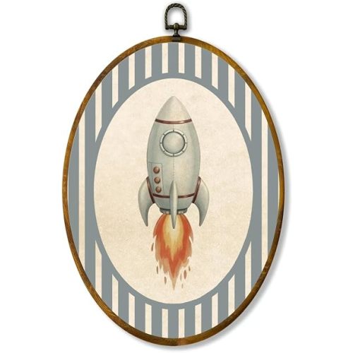 Rocket Ship Wall Art, Rustic Space Nursery Oval Framed Canvas, 8.5x11.5