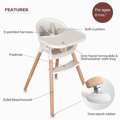 Fodoss 3-in-1 Wooden High Chair for Babies and Toddlers - Elegant Beige