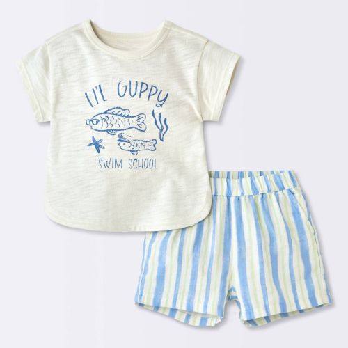 Baby Boys' "Lil Guppy" Graphic T-Shirt and Striped Shorts Set - Cloud Island™ Cream 0-3M