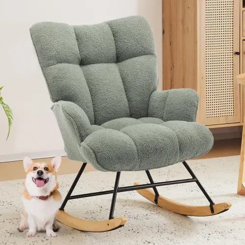 Nursery Rocking Chair Teddy Upholstered Glider Rocker Rocking Accent Chair with High Backrest Comfy Armchair with Padded Seat Soft Side Chair for Living Room Bedroom Office (Green Teddy)