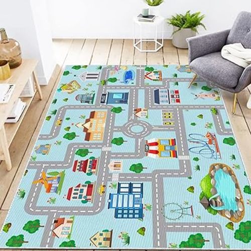 Kids Car Rug, 3x5 City Life Traffic Road Playmat for Toy Cars Trains, Non-Slip Race Track Carpet Educational Fun Area Rugs for Boy and Girl Bedroom Nursery
