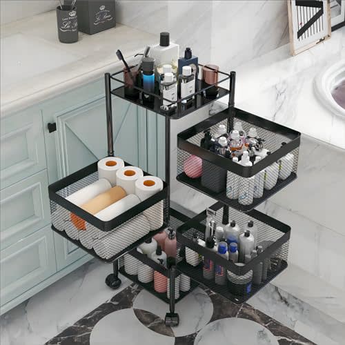 xinyourui Rotating Kitchen Storage Rack，Bathroom Shelf，Kitchen Organization and Storage，Bathroom Storage Organizer，Fruit Basket，Rolling Carts with Wheels(Black, 4 Tier-Square)