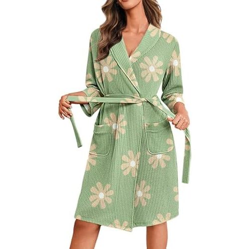 Ekouaer Robes for Women Waffle Knit Bathrobe Lightweight Kimono Robe Knee Length Loungewear with Pockets
