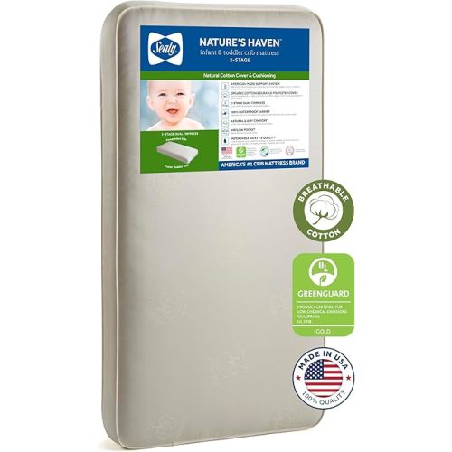 Sealy Baby Nature's Haven Breathable 2 Stage Waterproof Crib Mattress plus Toddler Bed Fit, Organic Cotton Cover, Non Toxic, GREENGUARD Gold Certified, Safety & Quality Tested, Made in USA, 52'X28'