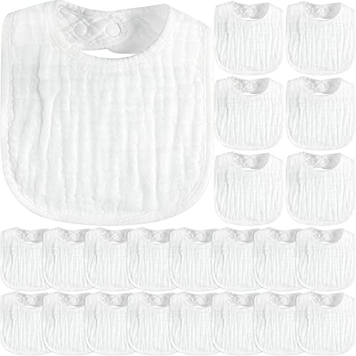 Zhanmai 20 Pack Muslin Baby Bibs Adjustable White Drool Bandana Bibs 6 Absorbent Layers for Newborn Baby Girl Boy Feeding, Drooling and Teething, Machine Washable