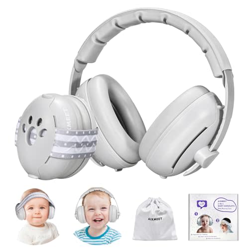 AIXMEET 2-in-1 Baby Ear Muffs Noise Protection, Baby Ear Protection for Babies and Toddlers 3 to 36 Months,Noise Reduction Earmuffs, Adjustable Baby Headphones with Stretchy Band, Grey