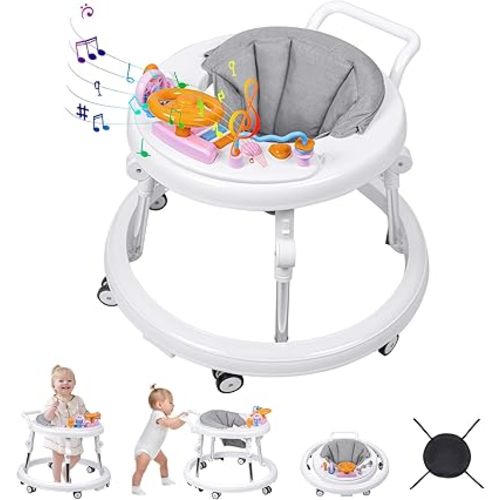 Baby Walker, Foldable 9-Gear Height Adjustable Baby Walker with Wheels, Infant Toddler Walker with Music Disk, Anti-Fall Baby Walkers and Activity Center with Foot Pads for Boys and Girls 6-24 Months