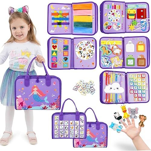 Esjay Toddler Busy Board, Montessori Toys Busy Book, Sensory Board Birthday Gifts for Girls Boys, Learning Educational Toy for Fine Motor Skills, Travel Activities for Airplane Car