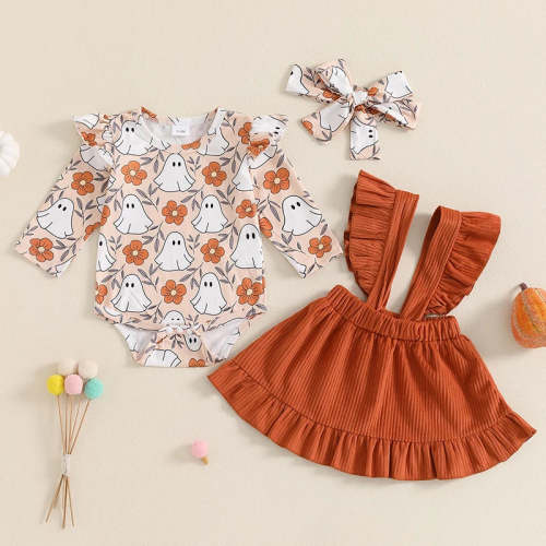 Baby Toddler Girls 3Pcs Halloween Set Ghost Print Long Sleeve Ruffled Romper Overalls Skirt Hair Band Outfit