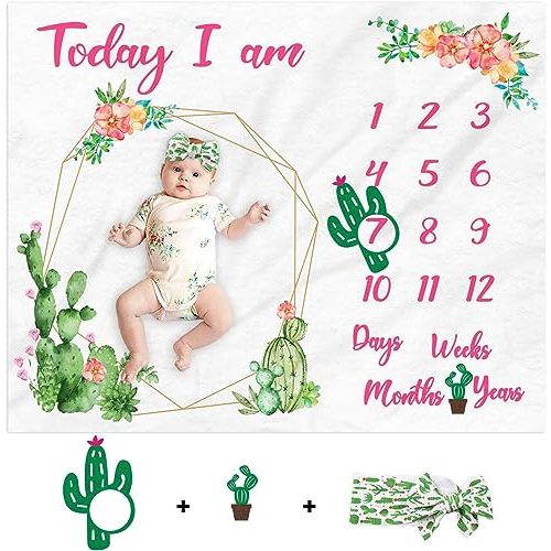 Gicoherero Cactus Baby Milestone Blanket Monthly Photography Blanket for Baby Girls Watercolor Design Newborn Blanket for Age Photo Props Soft Fleece Western Gift Idea Photography Backdrop