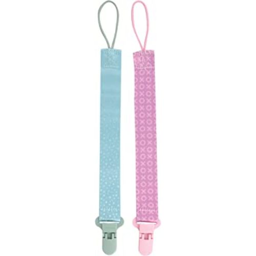 Nuby Pacifinder Baby Pacifier Clip - (2-Pack) - Pacifier Holder Clip with Convenient Hook Loop - Green Dots and Pink XOs