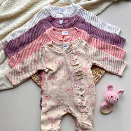 Baby Knit Jumpsuit Zipped Outfit, Baby Girl Coming Home Outfit, Hospital Outfit for Baby Girls Newborn Waffle Knit Ruffled Footie With Bow