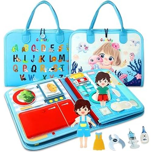 Guolely Busy Board Montessori Toys for 1-6 Years Old - Toddler Travel Toys, Educational Busy Book with 10 Pages Soft Daily Learning Activities - Sensory Toy Gift Ideal for Boys, Girls, Kids