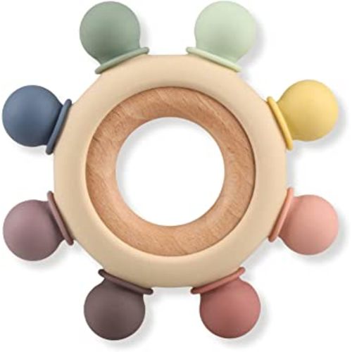 Baby Teething Toys, Silicone Chewable Toys with Organic Wooden Ring for Infants 3+ Months, Silicone Teething Toys for Soothing Sore Gums, Sucking Needs (8 Directions, Gray)