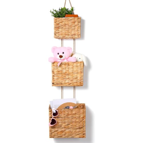 Chunful 3 Tiered Woven Water Hyacinth Hanging Basket Wall Basket for Organizing Handmade Storage Baskets Hanging Organizer for Home Pantry Garden Office Farmhouse Organization