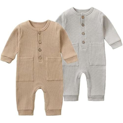 BeiVSlley Newborn Baby Boy Girl 2 Pack Button Solid Romper Infant Long sleeve Knit Cotton Footless Outfits Clothes