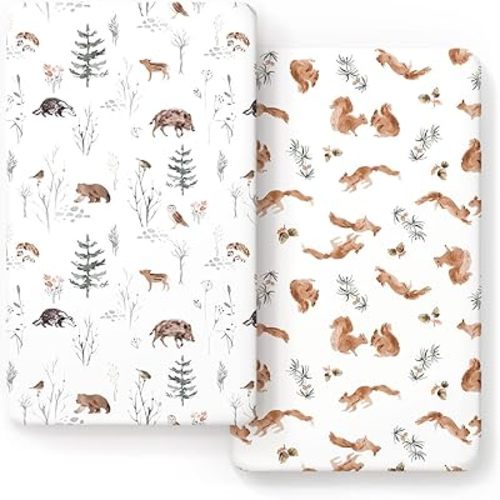 Stretch Ultra Soft Jersey Knit Fitted Crib Sheets Set 2 Pack，Fit All Standard Crib Mattress Pads Safe and Snug, Crib Fitted Sheet for Baby, Cute Jungle Squirrels and Animals