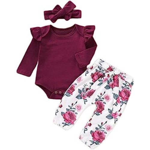 Newborn Baby Girl Clothes, Infant Girl Outfits Long Sleeve Ruffle Romper + Floral Pants + Headband Set