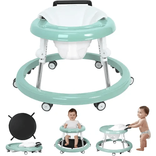 Foldable Baby Walker with Wheels and Anti-Rollover, Sit to Stand Activity Center for Boys and Girls 6-18 Months, 5-Position Height Adjustable (Green)