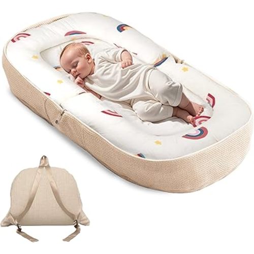 Baby Lounger, Foldable Infant Nest Pillow with Memory Foam Mat, Patterned Cover, Converts to Backpack, 0-12 Months