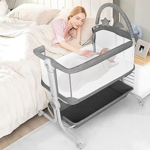 Cowiewie Baby Bassinet 2-1 Beside Sleeper with Wheels & Hanging Toys for Baby Foldable Adjustable Height Portable Bassinets (GREY)