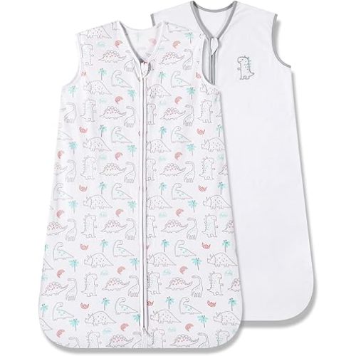 TILLYOU Sleep Sack 0-6 Months - 0.5 TOG Baby Wearable Blanket with 2-Way Zipper, Extra Soft Cotton Sleeveless Sleeping sack 2 Pack, Woodland Dinosaurs