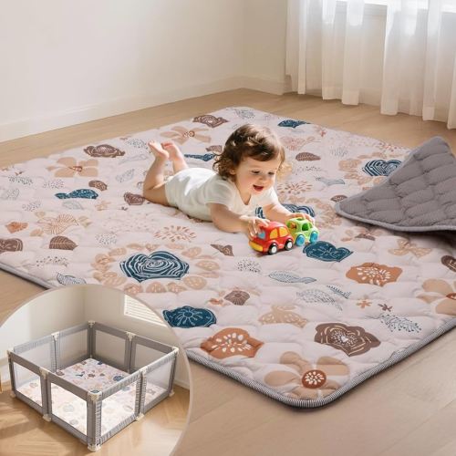 Baby Play Mat for Floor,50x50 Inch Soft Padding Crawling Mat for Playpen, Foldable and Machine Washable, Thick for Babies & Toddlers,Boho Flower