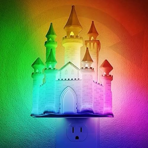 JandCase Night Lights Plug into Wall,3D Printed Castle RGB Night Light,10-Color Change Night Light,Dimmable Nightlights with Dusk to Dawn Sensor for Rooms Bathroom Hallway