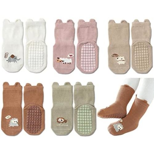 Exegawe Toddler Non Slip Socks, Cute Baby Socks with Grips Crew Socks 5 Pairs