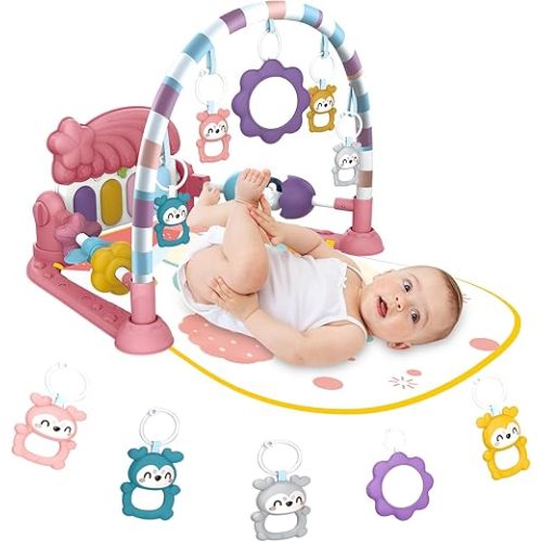 Baby Play Mat Baby Gym,Funny Play Piano Tummy Time Baby Activity Mat with 5 Infant Sensory Baby Toys, Boy & Girl Gifts for Newborn Baby 0 to 3 6 12 Months (Pink)