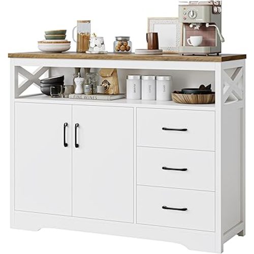 HOSTACK Modern Farmhouse Sideboard Buffet Cabinet, Kitchen Buffet Storage Cabinet with Drawers and Shelves, Wood Coffee Bar Cabinet with Storage for Entry Way, Living Room, White