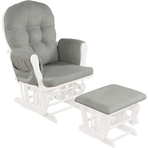 Costzon Nursery Glider with Ottoman, Upholstered Comfort Glider Rocker with Padded Cushion, Storage Pocket, Solid Wood Base, Rocking Chair Nursery for Breastfeeding, Napping (Light Gray)