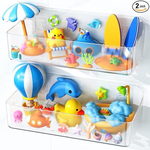 Nieifi Bath Toy Storage, Large Capacity Bath Toy Organizer, Adhesive Shower Caddy for Baby Bathroom Bathtub, Clear (2 Large)