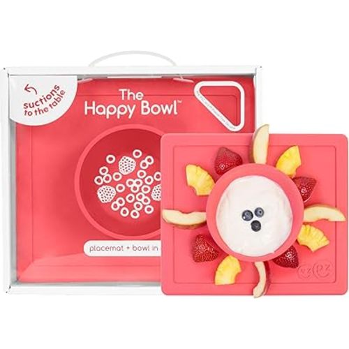 ezpz Happy Bowl - 24 Months + (Coral) - 100% Silicone Suction Bowl with Built-in Placemat – Dishwasher Safe